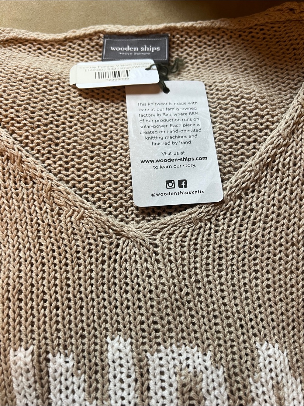 Wooden Ships Beige V-Neck Knit Sweater with White 'SUNDAY FUNDAY' Text - Picture 4 of 5